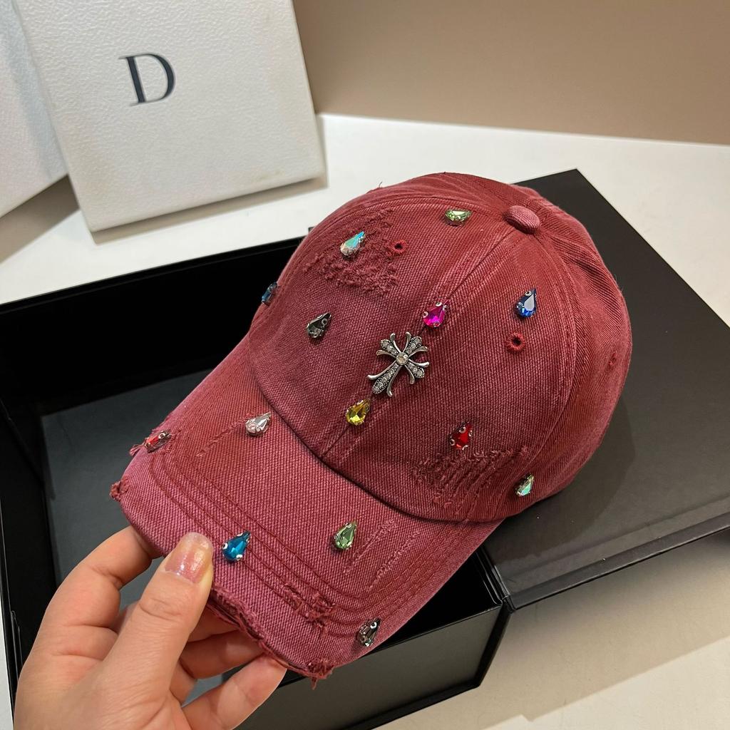 Heavy Industry Light Luxury Color Rhinestone Min Baseball Cap, Personalized Niche Hole Washed Sports Cap