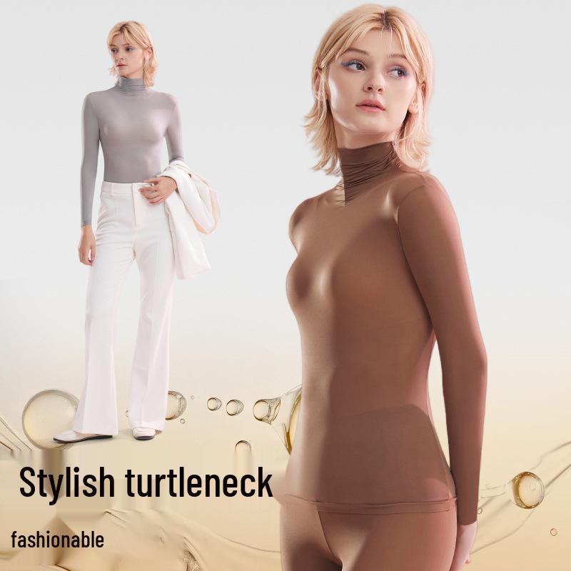 Women's Seamless High Elastic Turtleneck Base Layer with Hyaluronic Acid Skincare, Long Sleeve, High Collar, Warm Underwear.