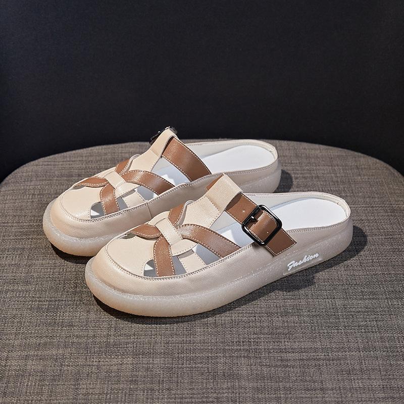

Cowhide cool slippers women s new flat shoes soft sole pregnant women hollow half drag summer wear leather color matching beach shoes 43 хаки
