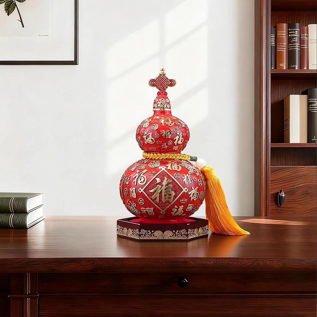 Aris & Juno Hand-Painted Copper Fortune Gourd with Blessing Characters, Traditional Chinese Hundred Blessings Symbol Statue, Feng Shui Office Desk