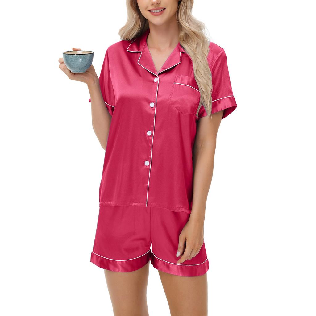 Dammode Pyjamas Set Satin Sovkläder Knäppta Toppar och Shorts Pyjamas 2-delad Kostym Pyjama Femme Nattkläder Loungewear för Sommar