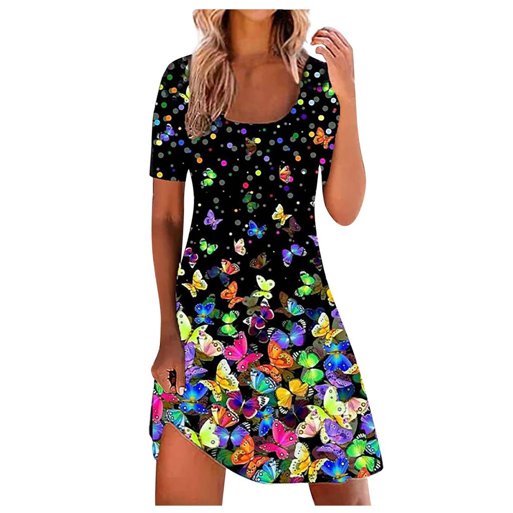 Ladies Sexy Fashion Positioning Print Square Neck Patchwork Short Sleeve Dress