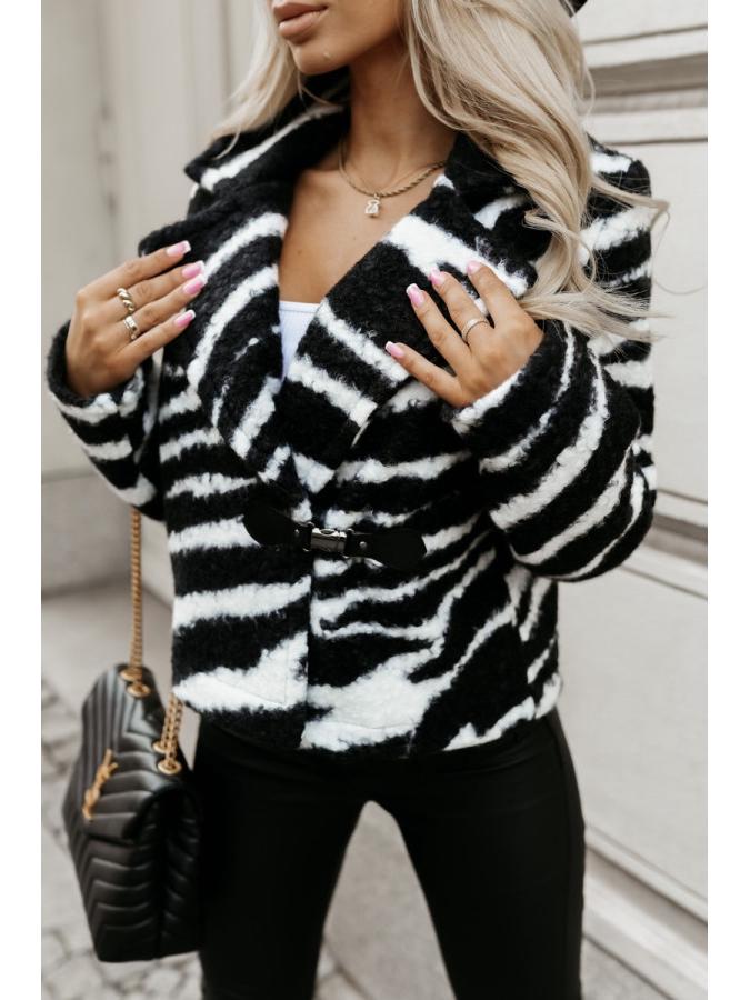 

2024 Осень/Зима Леопардовый и Зебровый Принт Пушистое Короткое Пальто с Отложным Воротником S