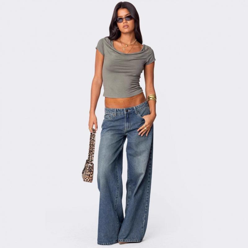 2026 New Women s Loose Wide-Leg Pants Fashion Printed Jeans Casual Long Pants S темно-синий