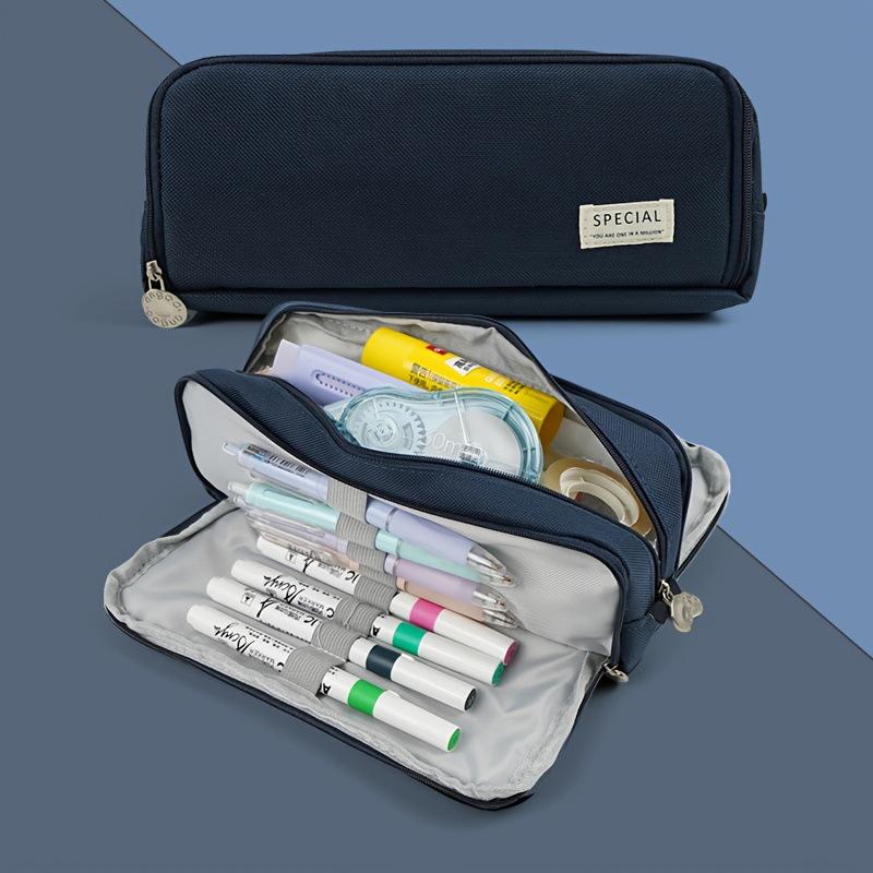 Macaron Color Double Zipper Large Capacity Pencil Bag - Dirt-Resistant Square Stationery Case for Students