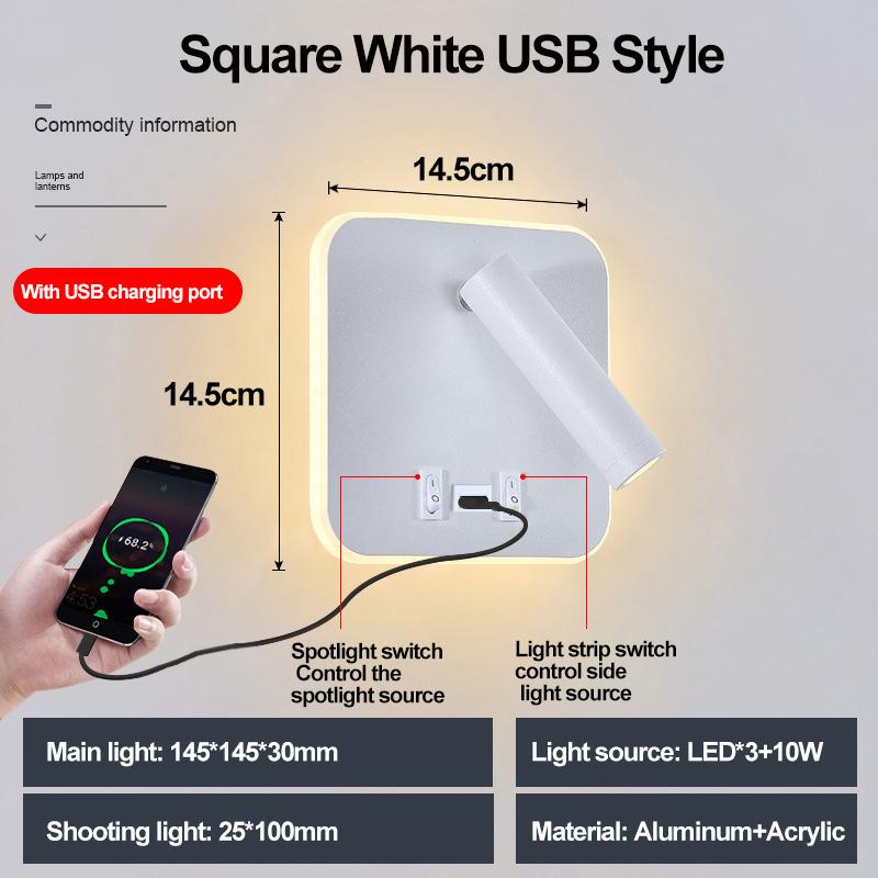 Rotatable Wall Lamp Hotel Bedroom Bedside Study Reading Sconce Lamps USB Charging Night Light Living Room Corridor Hallway Decor