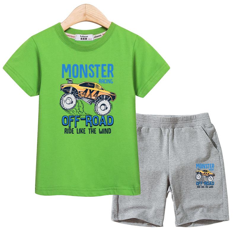 Set Abbigliamento Estivo per Bambini Camicia Monster Truck Pantaloncini Sportivi Costumi a Manica Corta per Bambini Outfit 2 Pezzi