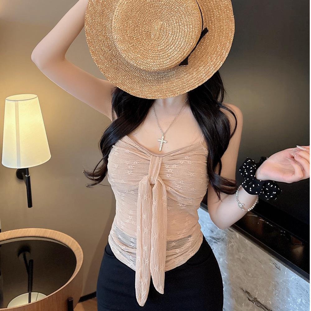 Sexy Lace Bandeau Tank Top - Women's Summer 2026 Style, Slightly See-Through, Bow Tie & Lace-Up Design