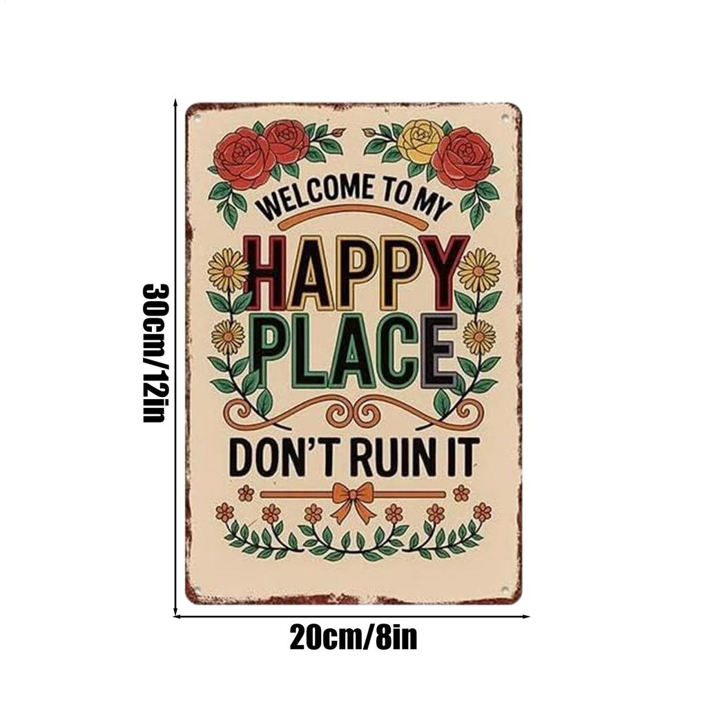 Happy Place Sign Vintage Floral Home Decoration Wall Metal Welcome Poster For Indoor Outdoor Bedroom Corridors Courtyards