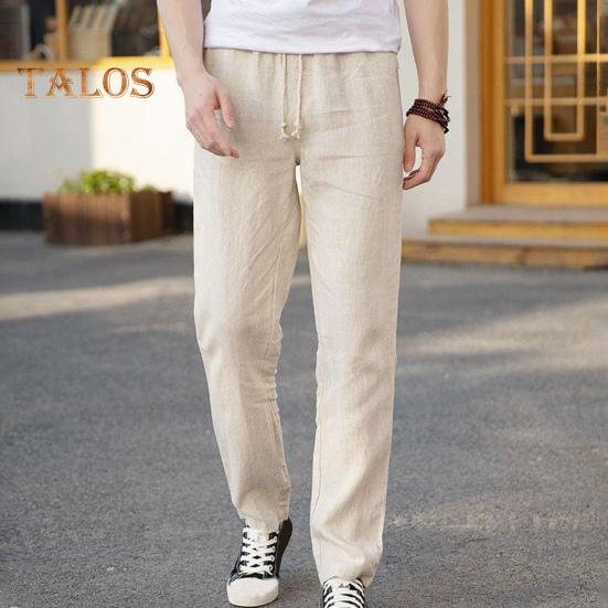 Men's Linen Casual Pants Solid Color Straight Leg Trousers Drawstring Waist Thin Summer Pants for Streetwear Travel Vacation