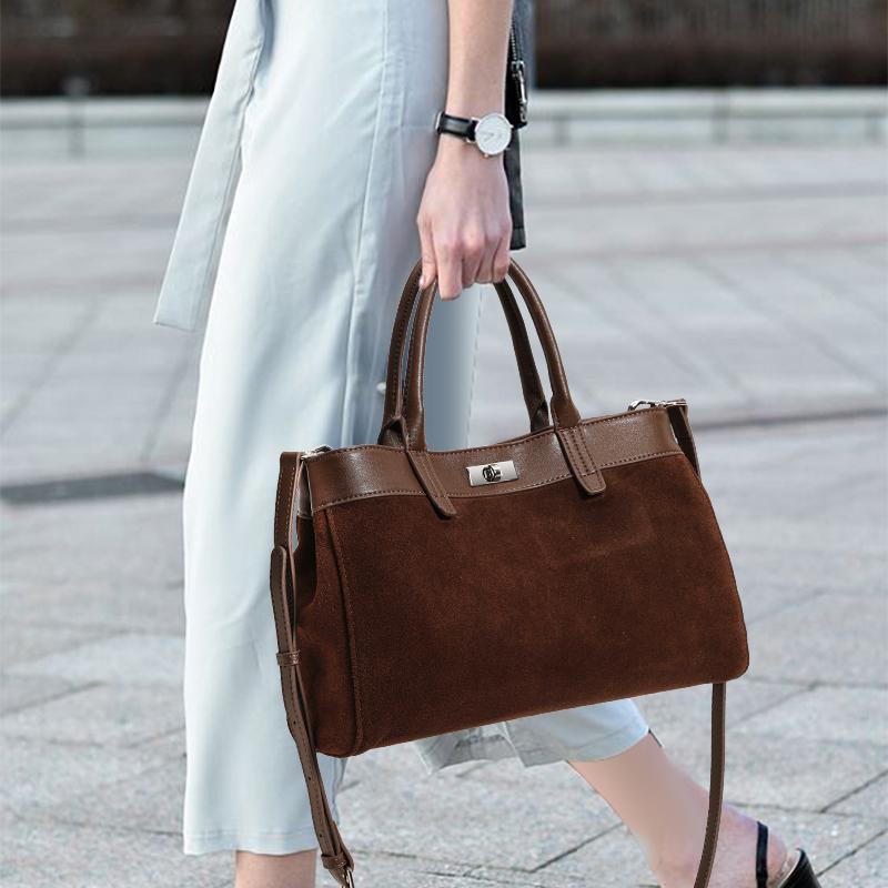 Women's Retro Suede Spliced Leather Tote Bag with Lock, Large Capacity Handbag & Crossbody Bag for Commute