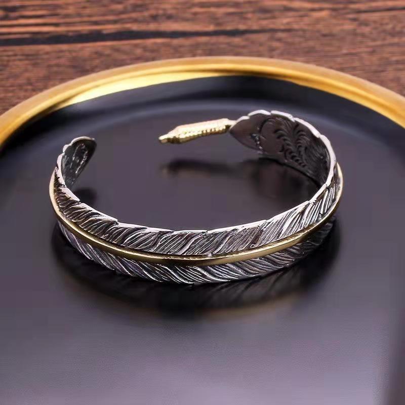 Vintage silver open bracelet with a unique retro design, Takahashi Goro's arabesque feather bracelet, men's bracelet, women's silver jewelry bracelet