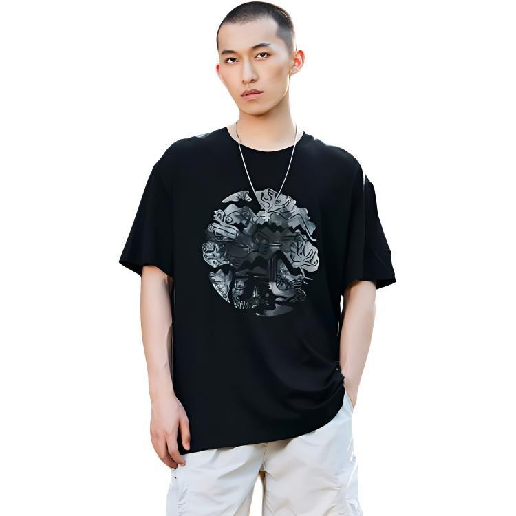 Li Ning T Shirts Unisex Black Crew Neck Moderate Straight Fit AHSS167-4