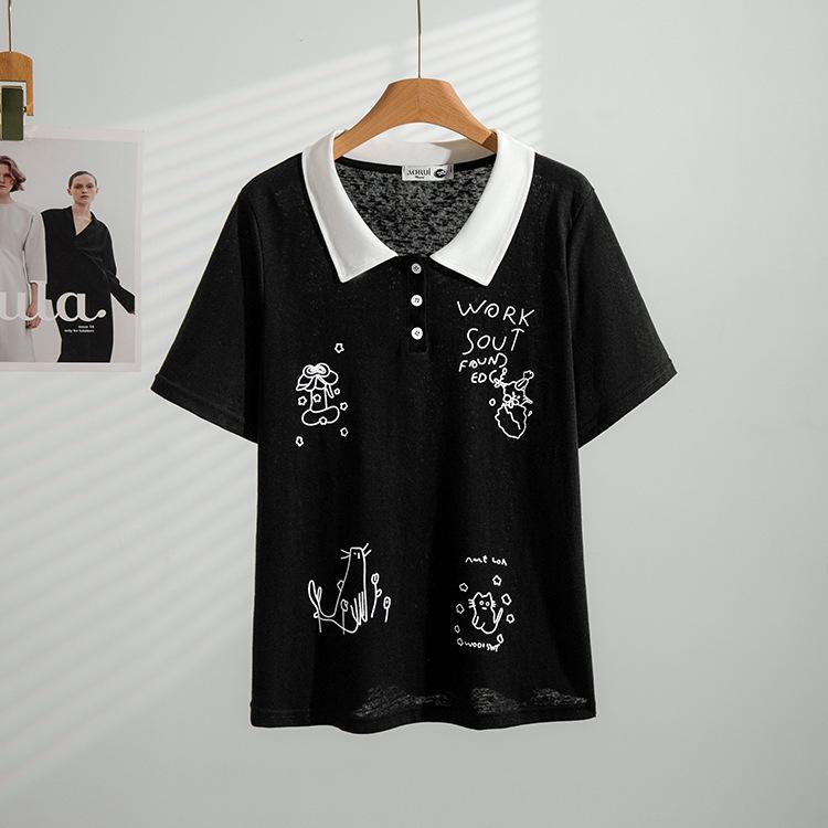 Summer 2026 Plus Size Polo Collar Short Sleeve Women s Clothing - Slimming & Versatile 3XL (Recommended weight 60-70 kg) чёрный