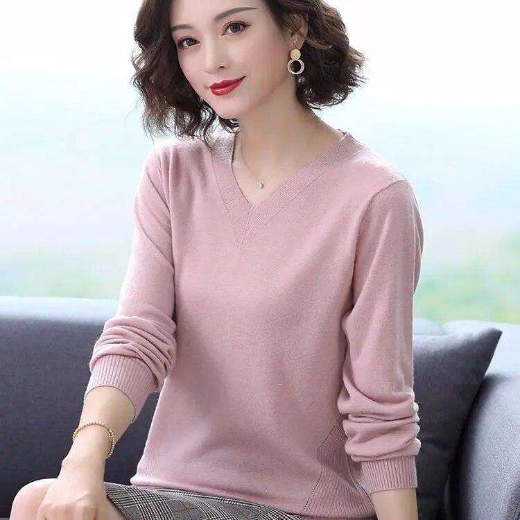 V-neck Knitted Top Women's Autumn Winter Fashion New Long Sleeve Knittwear Loose Solid Color Bottoming Sweater S-4XL