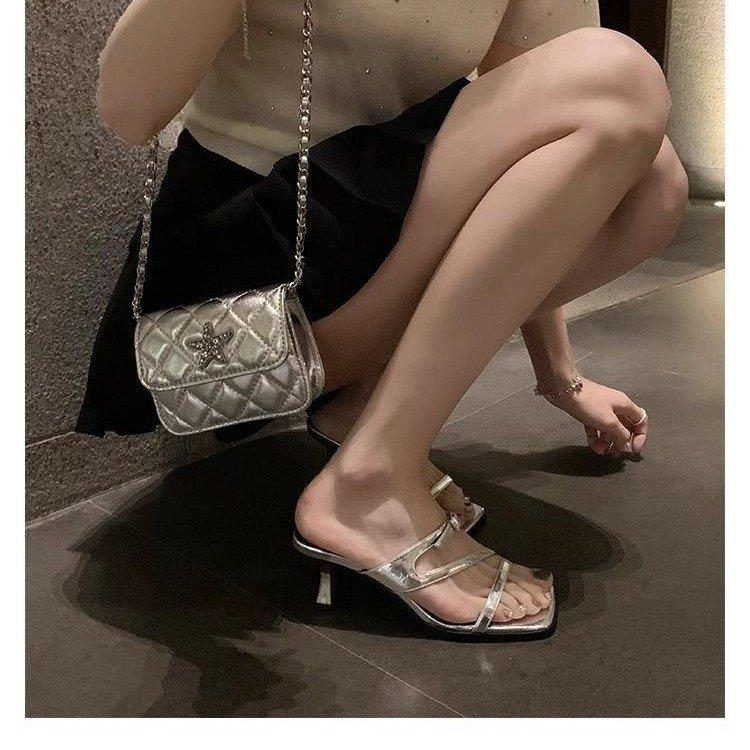 Grape Mother Summer New Temperament Square Head Open Toe Thin Belt French Word Belt High Heels Versatile Sandals Women's Summer