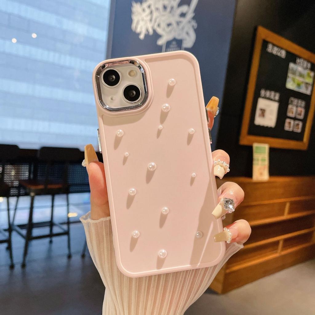 Suitable for Apple 14PROMAX Metal Photo Frame Pearl Solid Color Fashion Phone Case IPhone16 15 Mobile Phone
