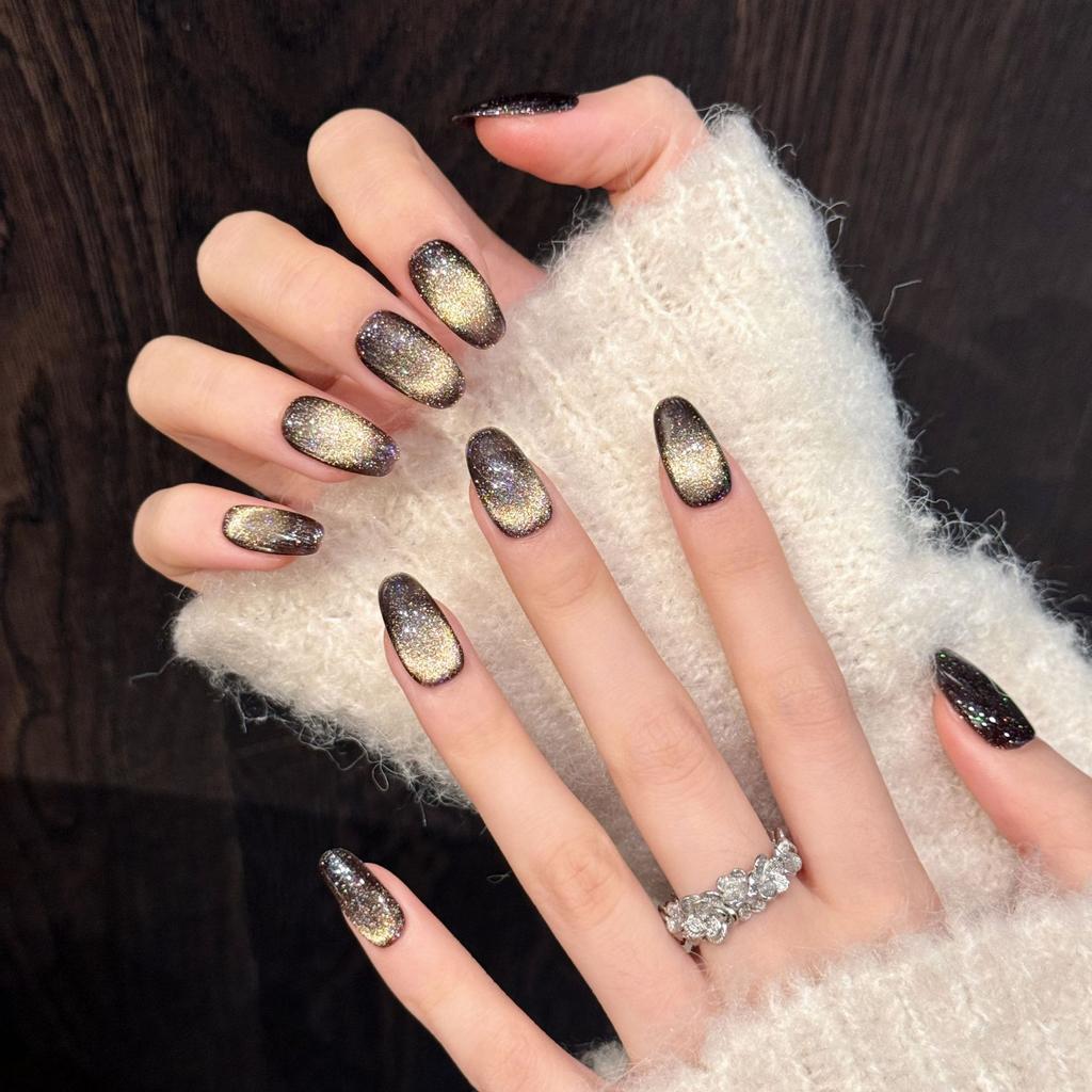 Glitter Cat Eye Press On Nails Ellipse Shape Short Gel Glue On Sparkly Nail Full Cover Stick On Nails Reusable Fake Nail Acrylic False Nails for Women