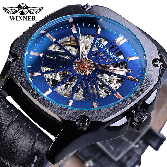 Luxury Mechanical Automatic Winner Watch Classic square Skeleton Wristwatches Men s Waterproof Leather Belt Bracelet Men Watches