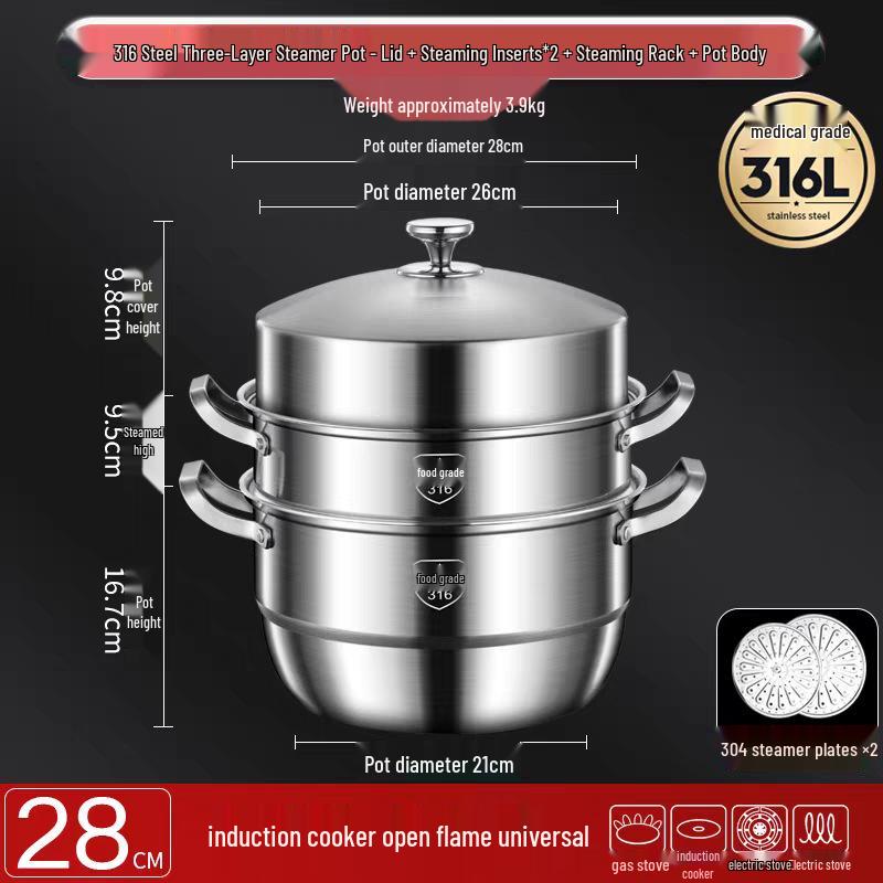 316 Stainless Steel High-Rise Steamer Pot, Extra Thick, Food-Grade, Large Capacity, Versatile 3-4 Layer Soup Pot