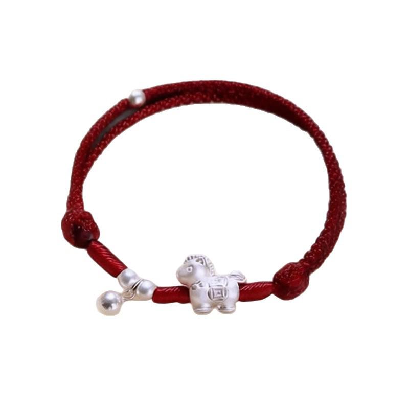 Sterling Silver Horse Zodiac Bracelet - S999 Red String for Wealth & Prosperity, Unique Gift for Drivers