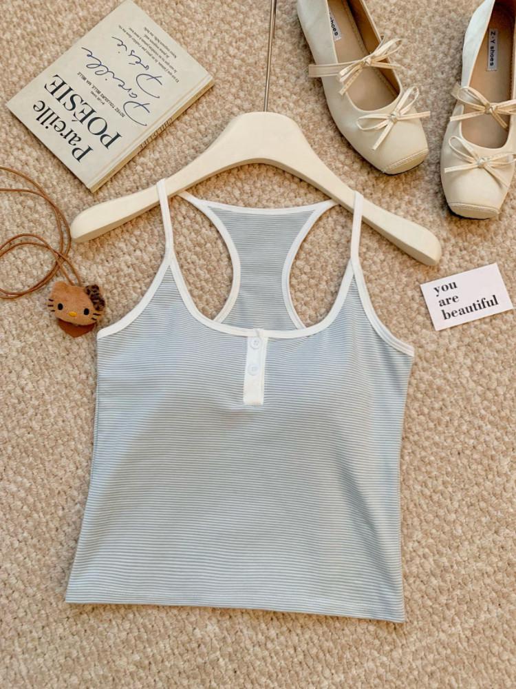 Spring/Summer Korean Slimming Striped Color Block U-Neck Backless Camisole for Women