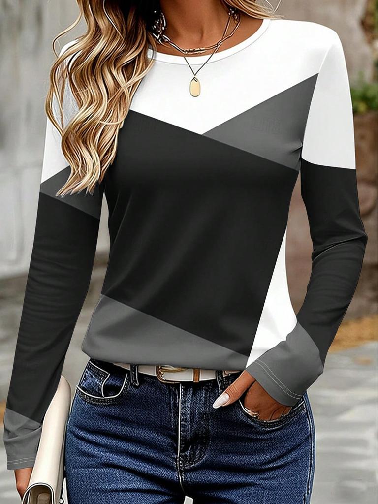 Women's Autumn Casual Tops, Long Sleeve T-Shirt With Color Block Patchwork Printed Pattern, Classic Design, Versatile, Comfortable Dusty Pink