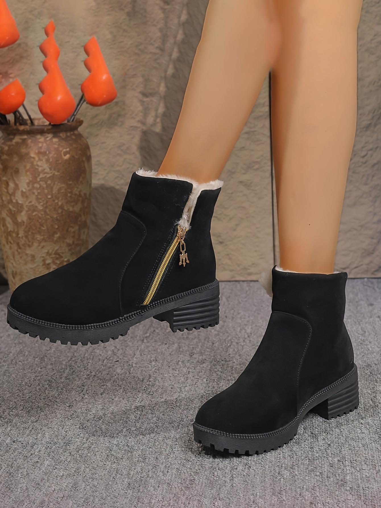 

Winter New Square Heel Cotton Boots Fashion Round Toe Suede Padded Warm Snow Botas Casual Side Zipper Platform Bootie 40s 40