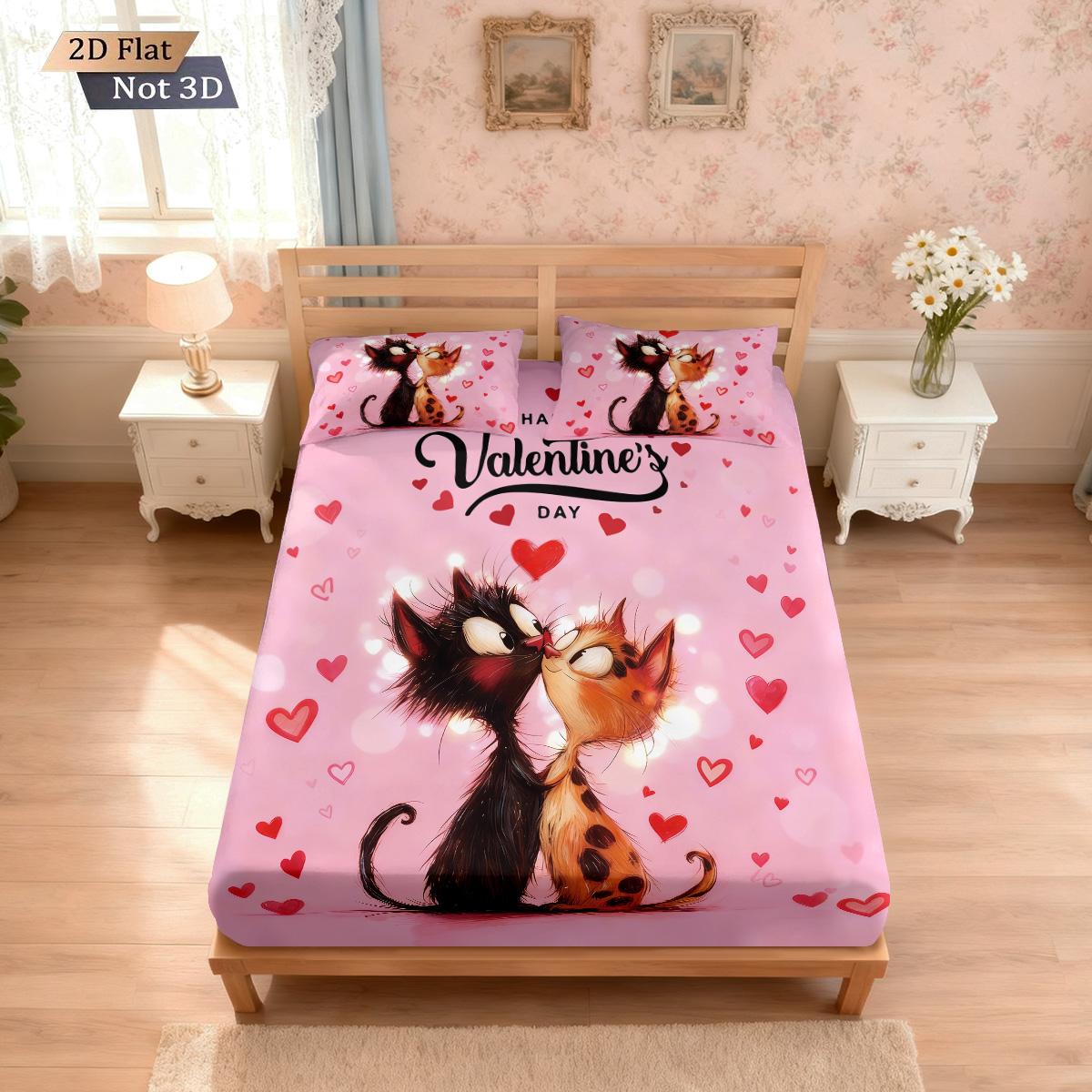 

3Pcs Valentine S Day Cute Cat Print Chipless Bed Sheet Set Multi Size Soft Bed Cover Bedroom Bedding Decoration Machine Washable 90x191cm