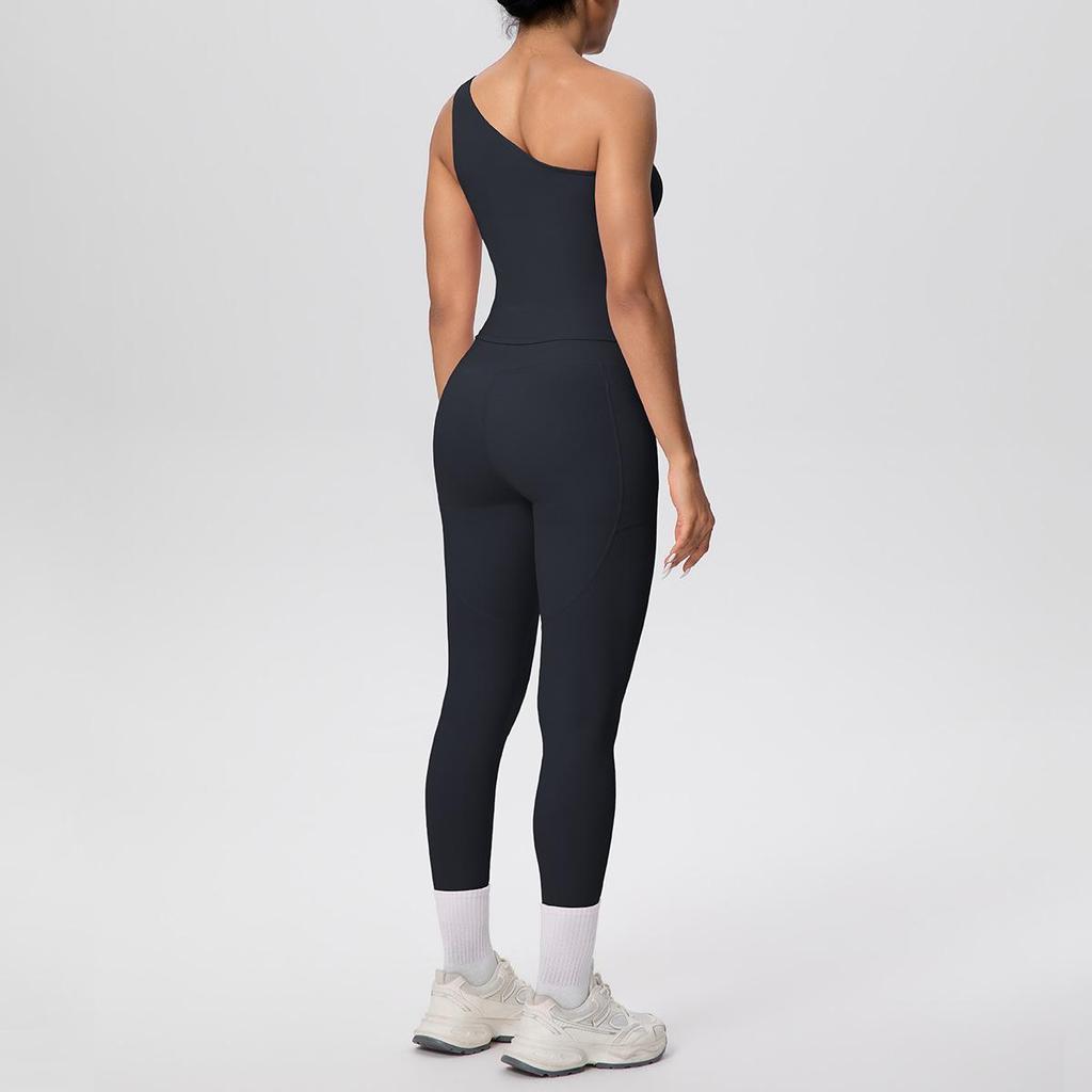 European & American Solid Color One-Shoulder Sports Vest & High-Waisted Pocket Yoga Pants Fitness Set for Women