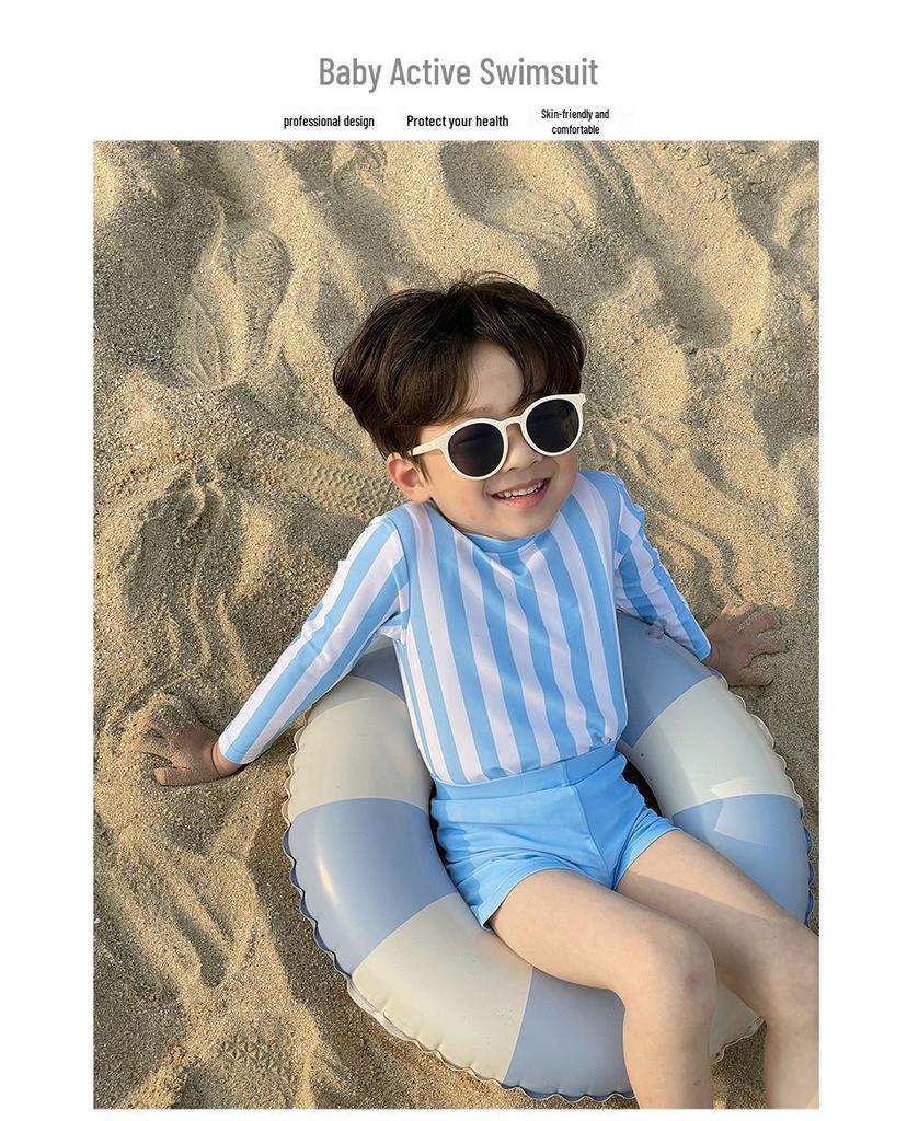 Jungen-Badeanzug mit Streifen im koreanischen Stil, langärmlig, schnelltrocknend