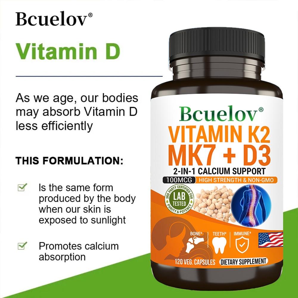 Vitamin K2 MK7 + D3 2-in-1 von Bcuelov, 100mcg K2, 120 pflanzliche Kapseln