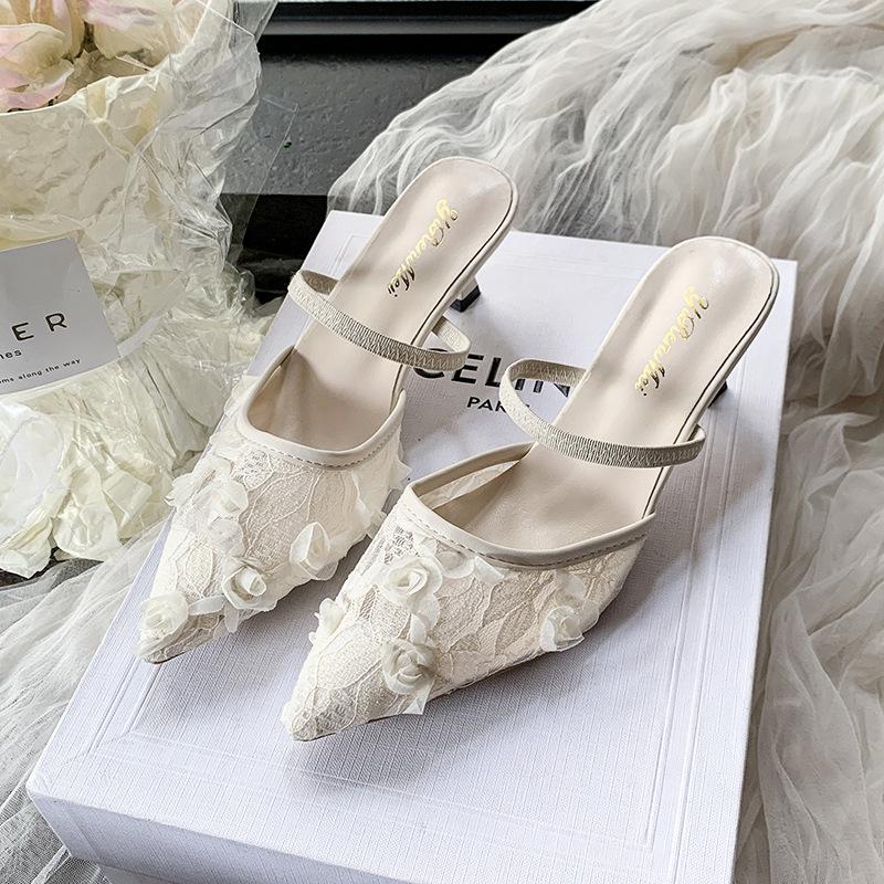 Versatile cool slippers 2025 summer new lace breathable pointed bag head half slippers women wear high-heeled cool slippers