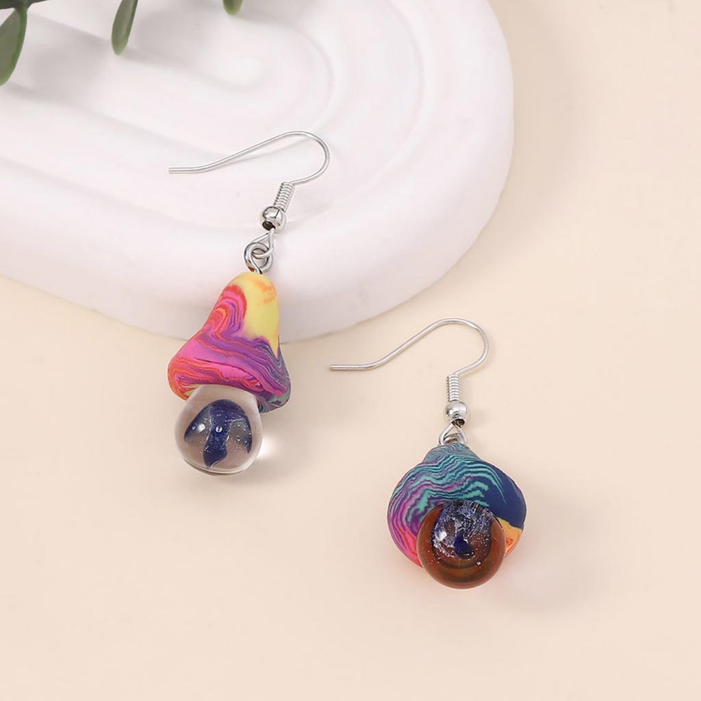 New soft pottery shiitake mushroom glazed beads cute personalized earrings, transparent simulated colored mushroom ear hooks