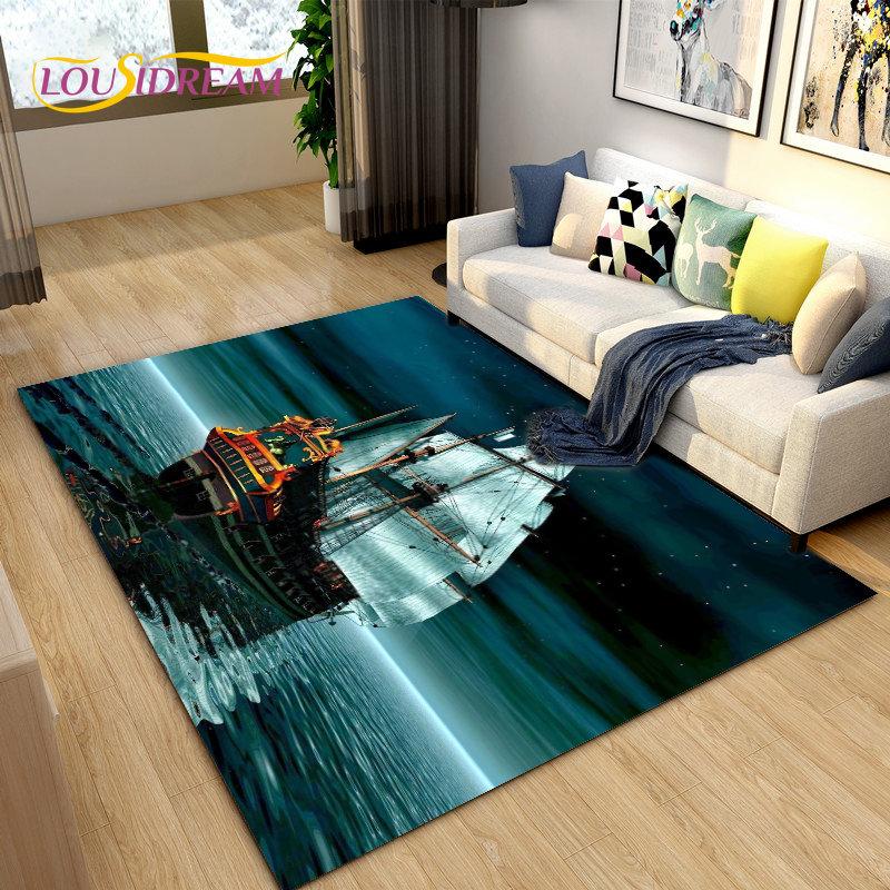 Sea Monster, Boat Ship Barque Area Rug Large,Carpets Rug for Living Bedroom Sofa Doormat Decoration,Kids Play Non-slip Floor Mat