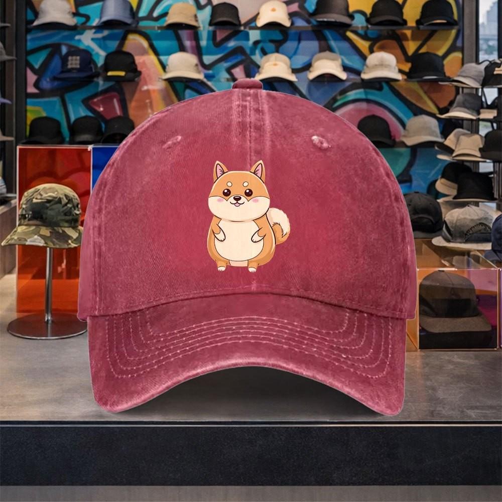 Cartoon Shiba Inu Baseball Cap Distressed Washed Cotton Casual Adjustable Cap for Unisex Travel
