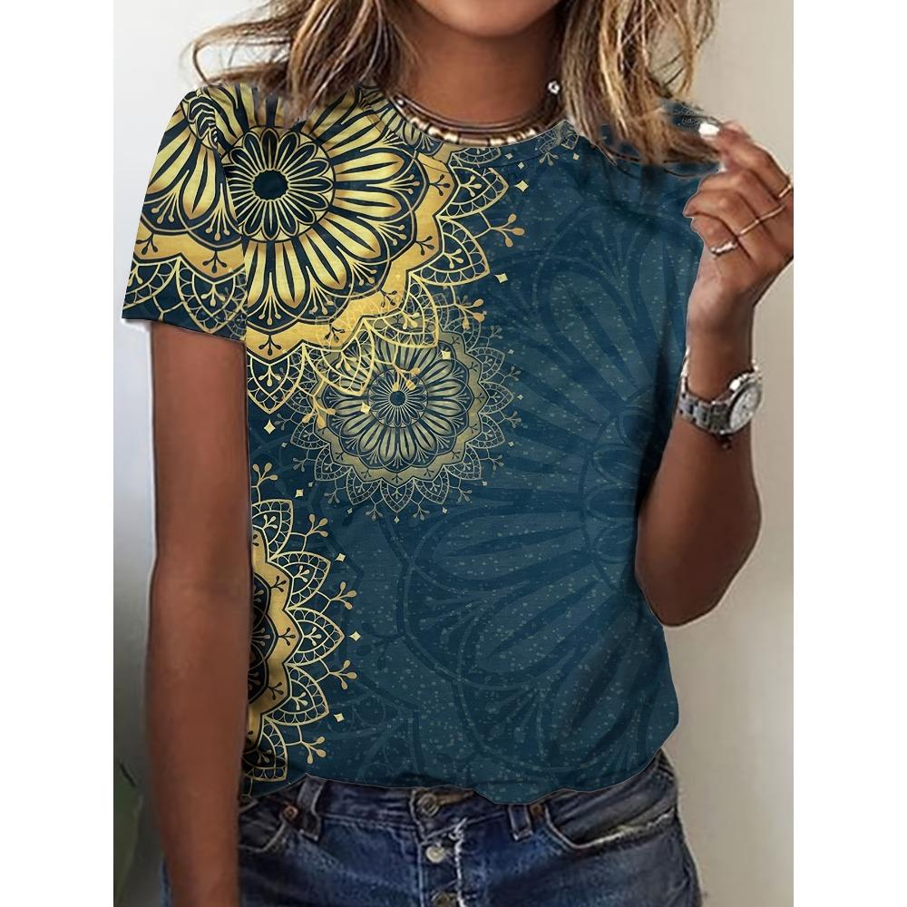 Creative Floral Print T-shirt, Short-sleeved Round-neck Casual Top, Women s Spring and Summer Wear S