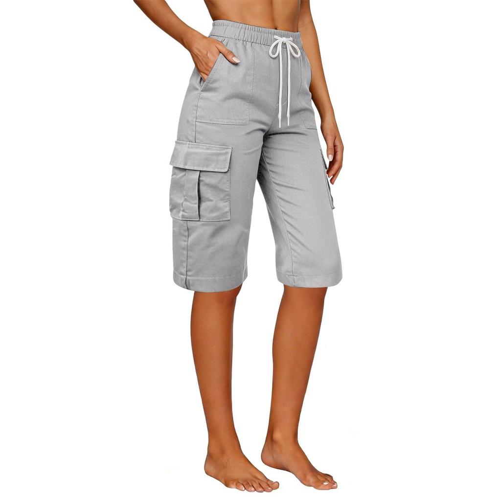 Women's Knee Length Cargo Shorts,Casual High Waisted Drawstring Bermuda Shorts With Pockets For Summer Hiking Work