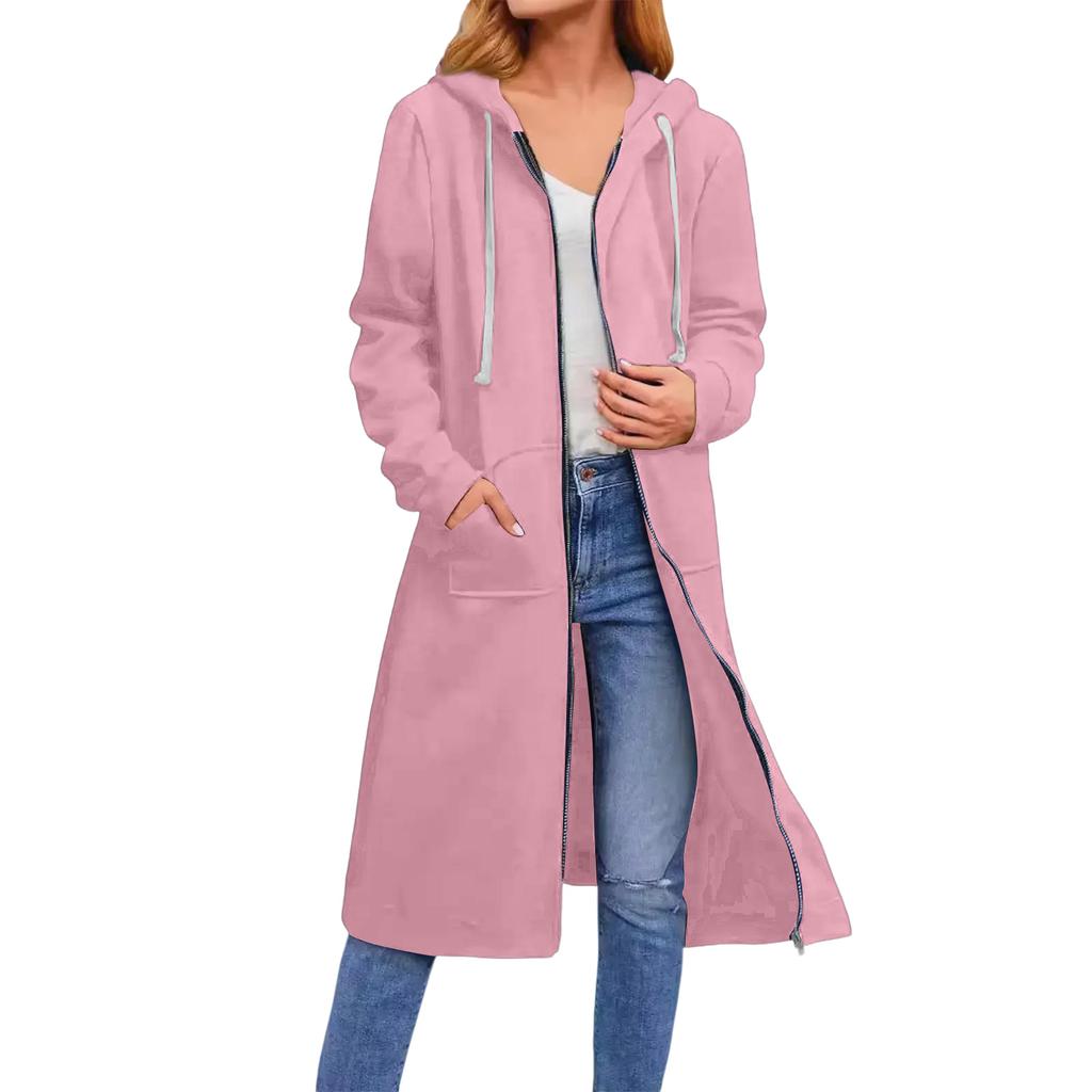 Women's Solid Color Fashionable Loose Zipper Long Cardigan Hooded Sweatshirt Jacket