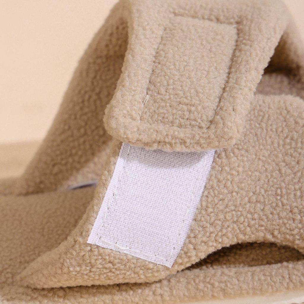 Gemütliche gestreifte Cord-Hausschuhe für Damen mit offenen Zehen - Verstellbarer Klettverschluss, Weiche Plüsch-Rutschfeste Indoor-Schuhe