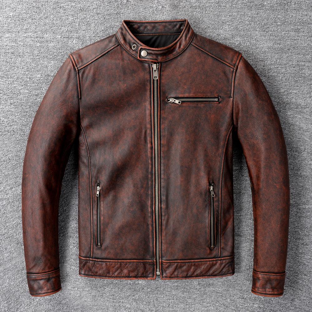 Vintage Red Brown Genuine Cow Men's Leather Jacket Slim Short Cowhide Coat Man Skin Clothes Spring Autumn