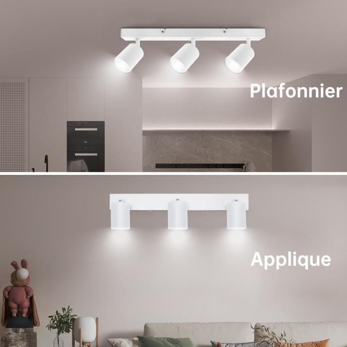 Plafonnier avec 3 spots kambo plafond blanc rectangle en métal gu10, luminaire spot pour chambre salon séjour couloir sans ampoules