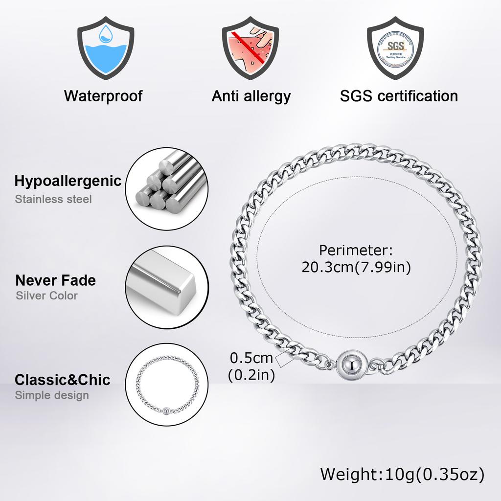 Men's Cuban Chain Bracelets with Circular Pressing Button,Waterproof Stainless Steel Chain Links Wrisbtand,Casual Jewelry Gifts