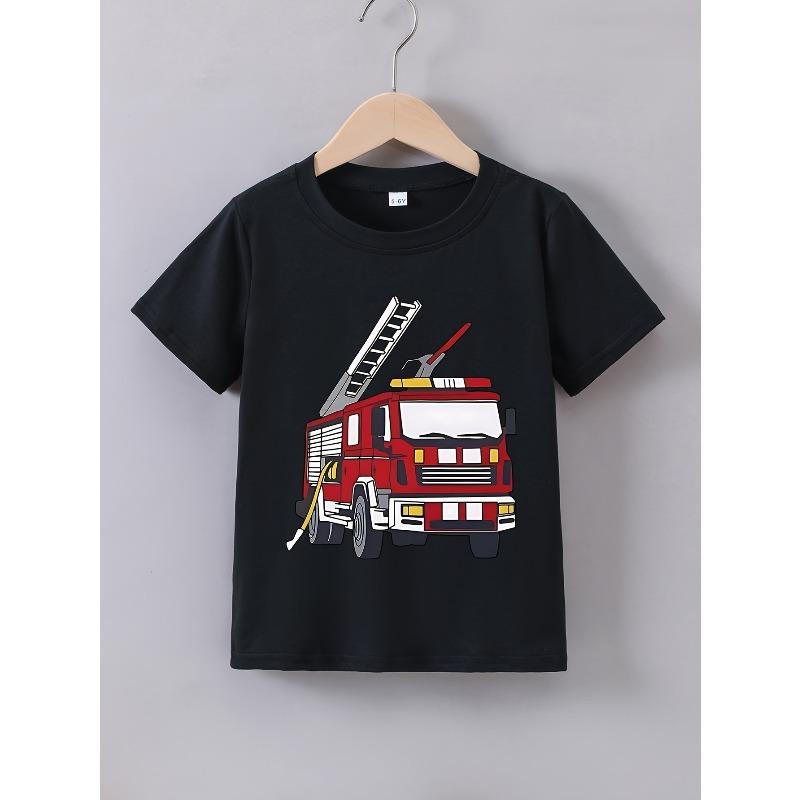 European sizes ' Fire Truck Firefighter Print T-Shirt - Firefighter Ladder & Fire Hydrant Design, Short Sleeve Round Neck Summer Playwear