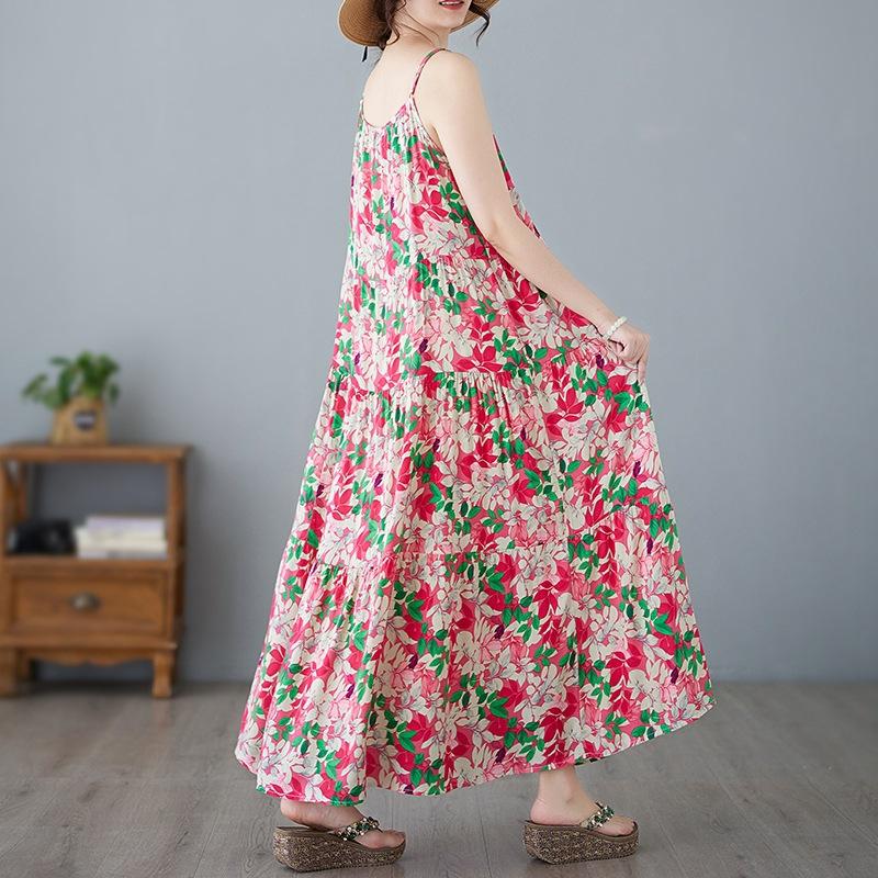 Letní Malé Svěží Květinové Omlazující Bavlněné Lněné Šaty na Ramínka s Velkou Sukní pro Ženy Ležérní Šaty