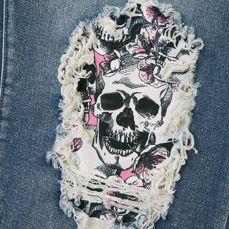 Jeans Rasgados con Calavera de Moda para Mujer - Estilo Europeo y Americano, Pierna Recta, Dobladillo Enrollado, Pantalones de Talla Grande