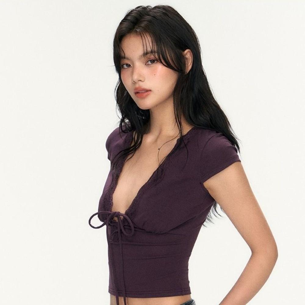 V Neck Slim Crop Tops Lace Camisole Chic Bottoming T-shirt  Streetwear