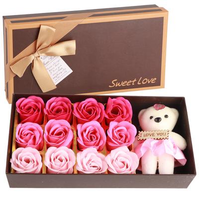 12 Rose Flower Soap Flower Plush Bear Valentine"s Day Romantic Gift With Box (Pink)