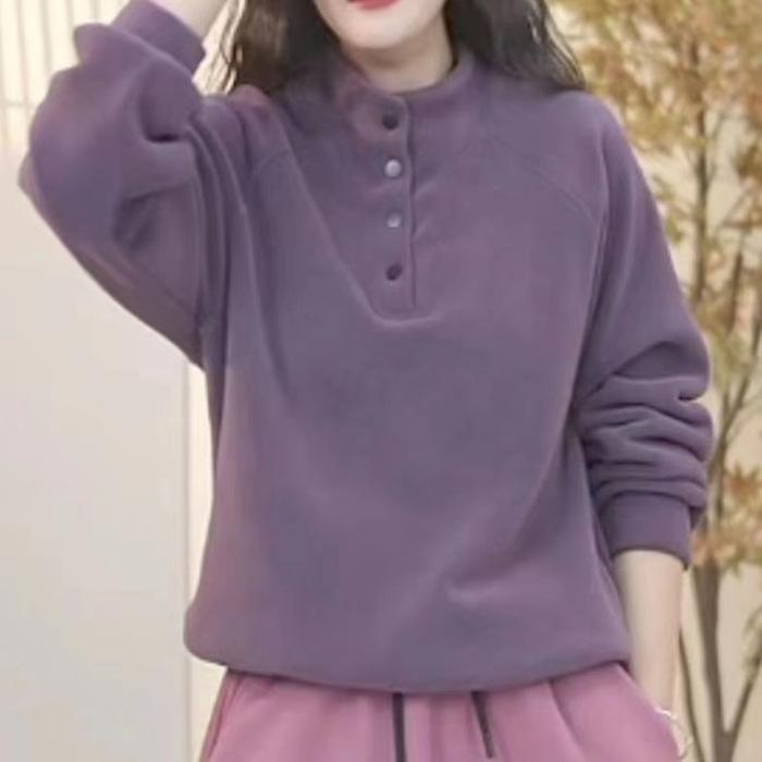 Women Spring and Autumn Basic Solid Casual All-match Stand Collar Button High Street Sweatshirt