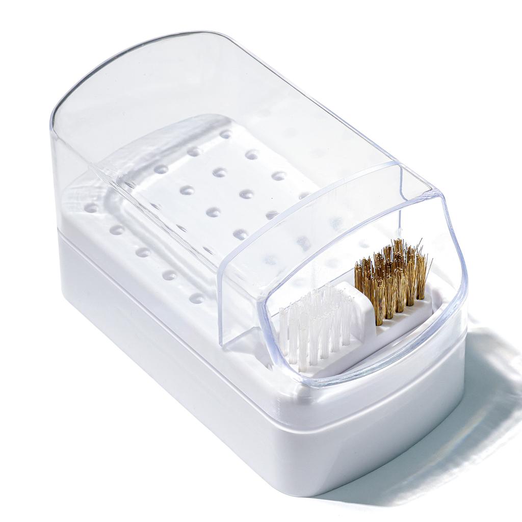 2v1 Hlavička na leštění nehtů Čisticí box na prach 30 otvorů Organizér na hlavičky laků na nehty Akrylový přenosný organizér Prachotěsný
